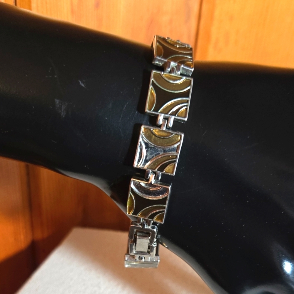Vintage Enamel Silver Tone Panel Bracelet